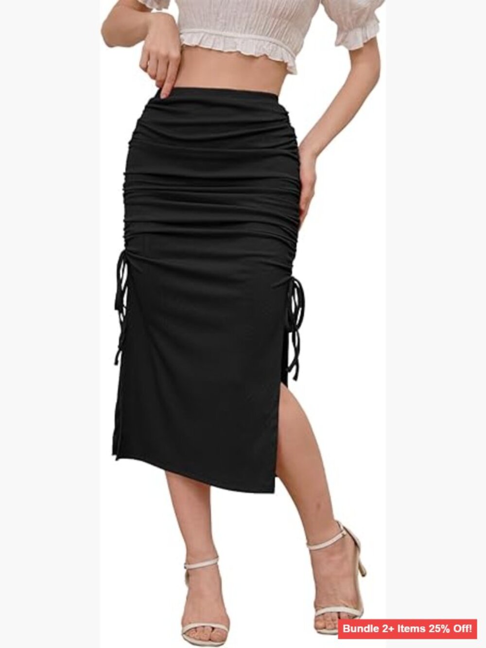 High Waisted Midi Bodycon Skirt with Ruched Stretchy Fabric and Side Slit